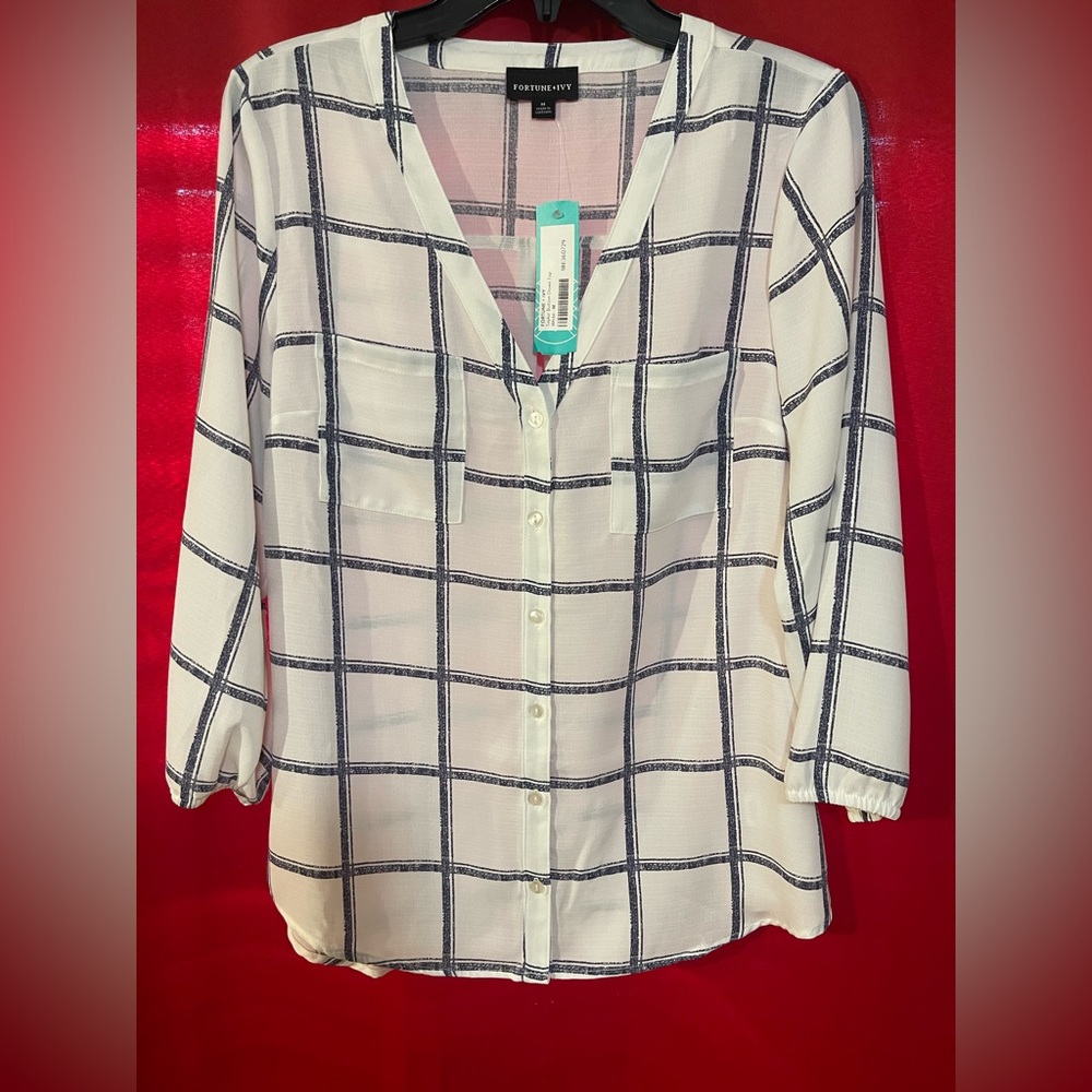 Blouse shirt that is white with blue/grayish color stripes. Never worn, NWT
